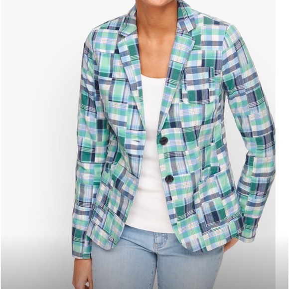 TALBOTS Ladies Summer Blazer Madras Preppy Plaid Cotton Patchwork Blazer Jacket - Picture 2 of 7